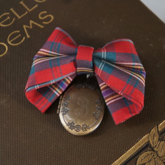 Vintage 1950s Plaid Tartan Gold Oval Locket Brooch Pin - Picture 5 of 9